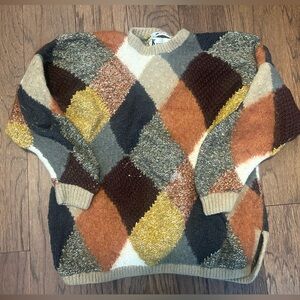 Vintage Patchwork Knit Sweater Earth Tone Chunky Cozy Size S/M see notes